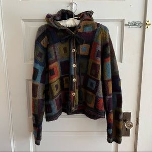 Tara Handknits Alpaca Wool Patchwork Hooded Cardigan Sweater - M/L